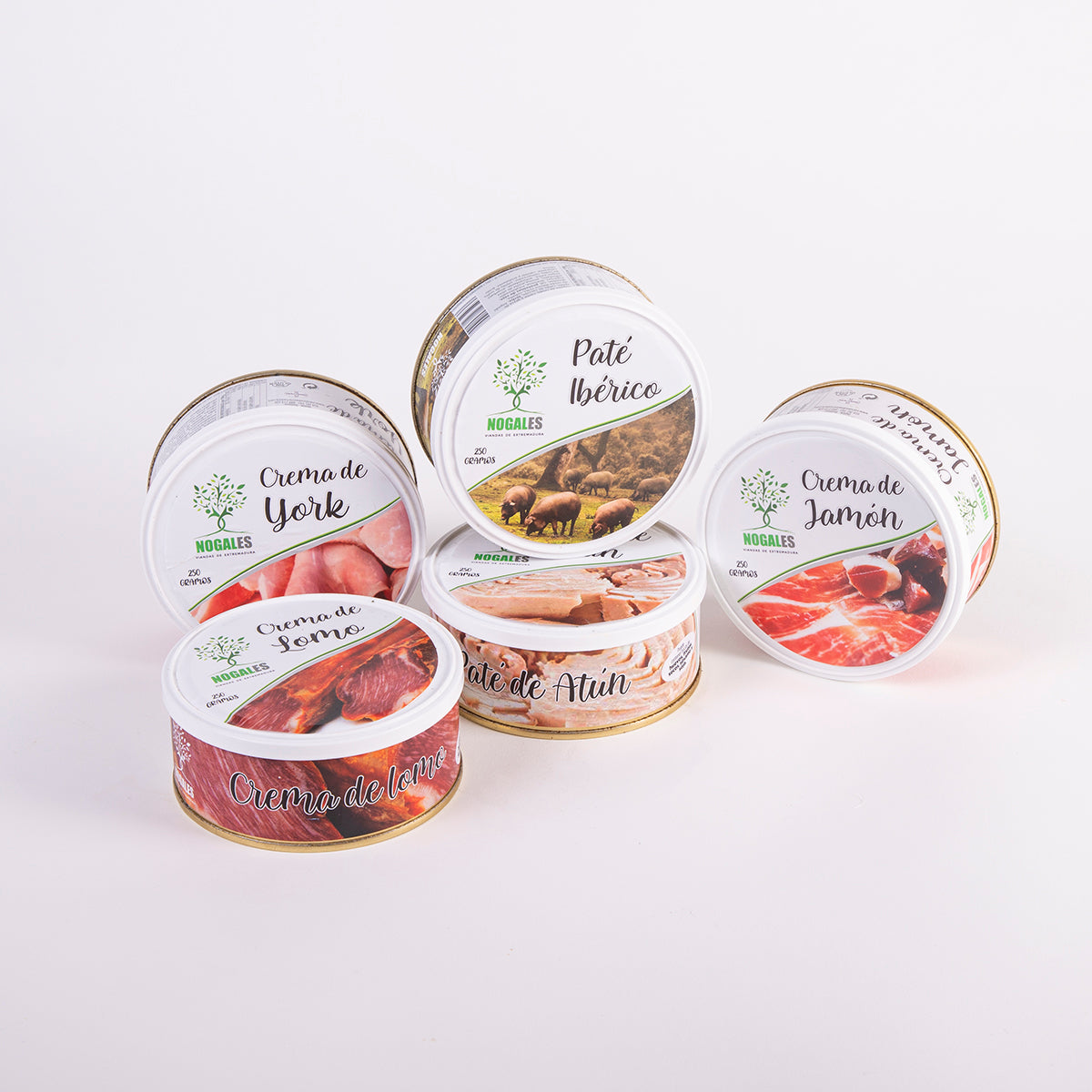 cinco tarrinas surtidas de cremas y patés marca nogales